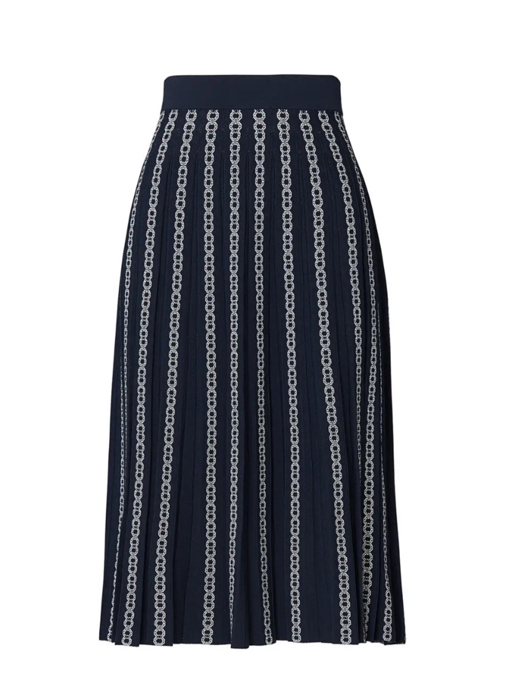 Tory Burch Navy Pleated Midi Skirt with White Chain Stripe
